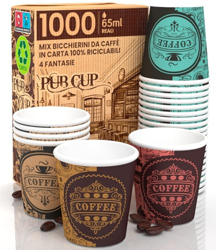 PubCUP Mix Lot de 1000 gobelets en papier pour café 65 ml jetables petits écologiques et biodégradables pour emporter des boissons chaudes