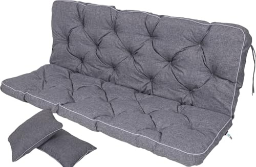TexDeko® Bankauflage mit Rückenlehne für Hollywoodschaukel 140 x 50 x 56cm Gartenschaukelkissen gemütliche Sitzauflage Gartenbankauflage Polsterauflage wasserabweisend UV-beständig (Grau)