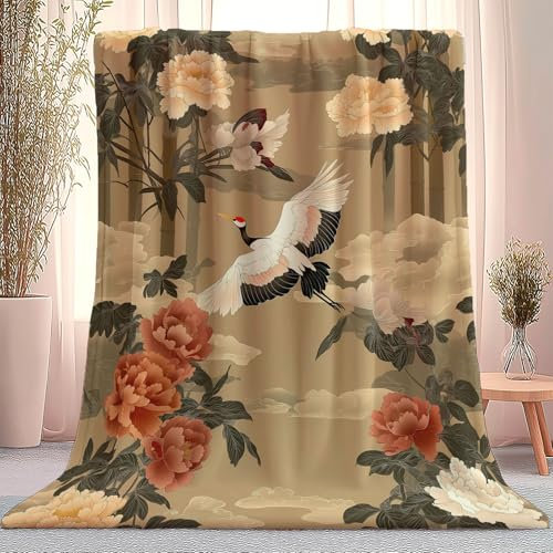 Kuscheldecke Orientalisch Blumen Und Vogelmalereien Flanell Fleecedecke Decke für Teenager Jungs Männer Hellbraun Weich Warme Decken für Bett Couch Deko Sofaüberwurf Decke 220 x 240 cm