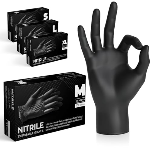 The Real Touch Black Nitrile Multi-Purpose Disposable Gloves, Powder Free, Disposable, Extra Strong - Box of 1000 (Black, Med)