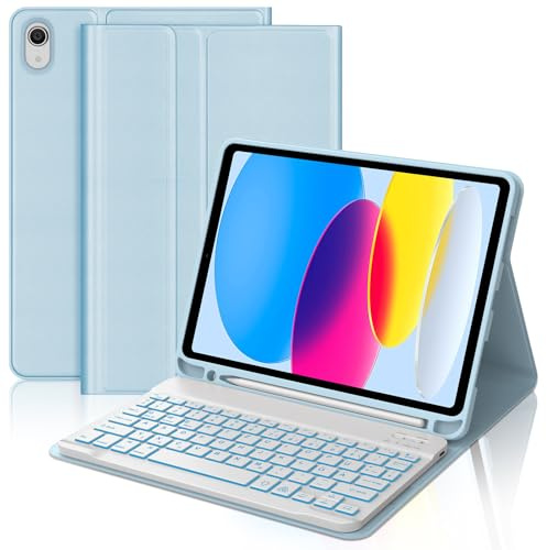 Tangentbordsfodral för iPad 10. Generation 2022 10,9 tum/11. Generation A16 2025 11 tum, 7 färgers belysning, tangentbord magnetiskt avtagbart tyskt Bluetooth för iPad 11/10. Gen, ljusblå