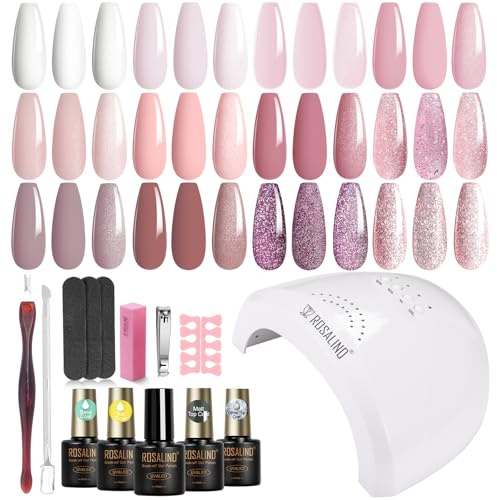 ROSALIND Kit Vernis Semi Permanent avec UV LED Lampe, 12+4 PCS Blanc Rose Violet Avoine Couleurs Vernis Gel UV Semi Permanent, Kit Ongle Gel UV Manucure Cadeau pour Débutant Démarrage
