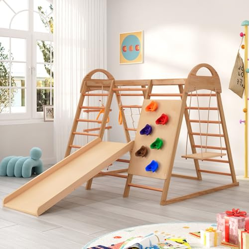 Parque infantil, gimnasio de madera para niños, juguetes de escalada para niños pequeños con tobogán,equipo de gimnasio para el patio, juego de exterior para niños de 3 a 8 años (7 en 1).
