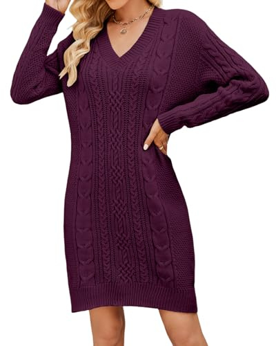 Heersan Robe Pull Femme Elégant Robe Tricoté Longue Col V Automne Hiver Tunique Chic Elástique Pull Femme Slim Fit Couleur Unie