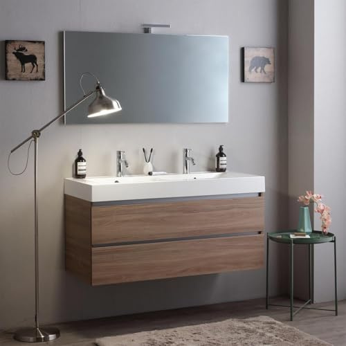 Kiamami Valentina - Mobile bagno sospeso 120cm cassetti rovere naturale, lavabo in resina e specchio 120x60 | Valentina