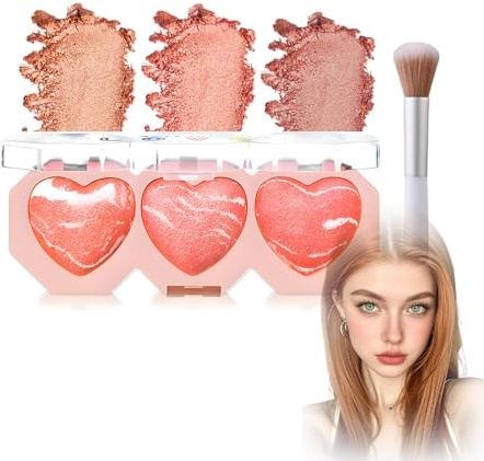 3-Shade Powder Blusher Highlighter Palette, Coral Peach And Muted Rose | Heart-Shaped Pressed Pans, Clear Hinged Compact With Make-Up Brush, For Daily Cheek Colour, Tonal Definition And Travel