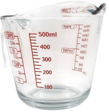 Chabrias Ltd 500 ml Glass Measuring Jug – Clear Tempered Glass with Red Graduations in ml, Cups & Pints – Dishwasher Safe & Freezer Safe Kitchen Measuring Cup (1)