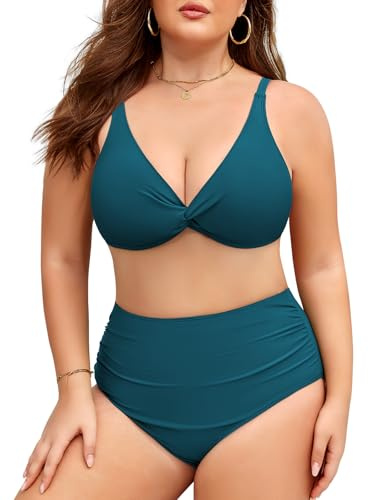 Vijamiy Costume Donna Due Pezzi Taglie Forti Vita Alta Costumi da Bagno Curvy Controllo Addominale Sexy Scollo a V Push Up Bikini L-4XL (Verde Pavone,3XL)
