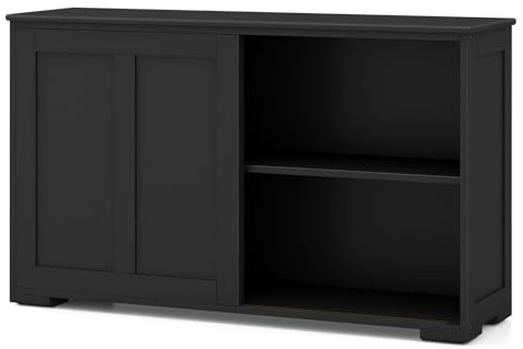 GiantexUK Wooden Buffet Cabinet, Kitchen Sideboard (without glass, Black) | with Sliding Doors, Adjustable Shelf, Storage Cupboard for Living Room Dining Hallway