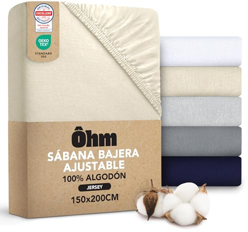Ôhm Sábana Bajera Ajustable 150x200 Beige – Jersey 100% Algodón Elástico – Suave, Transpirable y Antiarrugas – Altura 28 cm para Colchones Altos – Oeko-Tex