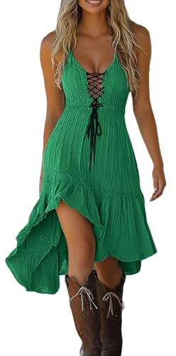 Celanisai Vestidos de mujer vintage gótico vestido de verano con cordones sin mangas cuello en V vestido maxi volantes vestido de playa para vacaciones, ocio, festival, fiesta, vestidos transpirables