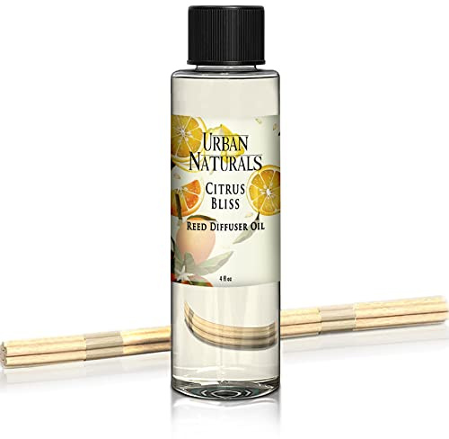 Urban Naturals Citrus Bliss Mandarin & Grapefruit Scented Reed Diffuser Oil Refill + Replacement Reed Sticks | Fresh, Bright Citrus Scent 4 oz.