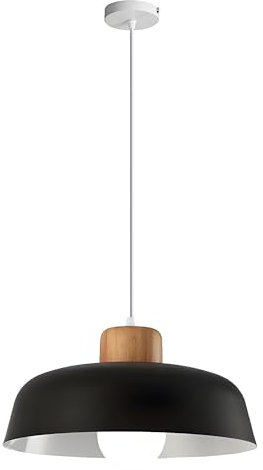 HJXDtech Suspension Luminaire Nordique en Métal avec Finition Bois, Lampe Suspendue Moderne et Minimaliste E27 pour Salon Îlot de Cuisine et Salle à Manger (Noir)