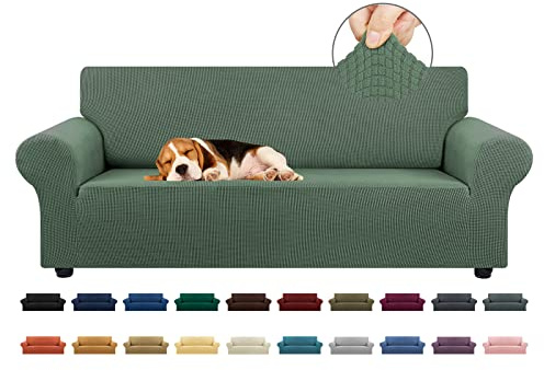 KEKUOU Stretch Sofa Cover Slipcover ，Couch Covers for 3 cushion couch sofa pet friendly (78-94) Furniture Protector Sofa with Elastic Bottom for Kids,Dog, Jacquard Small Checked(Large,Greyish Green)