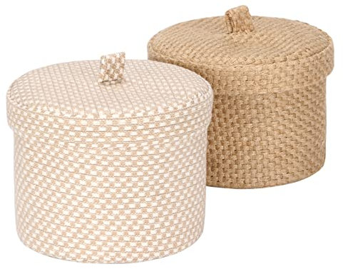 Sea Team 2 Pack Jute and Cotton Linen Storage Basket Cute Round Box for Toiletry Toy Sundry Item 2 Liters Desk Gadget Organizer with Lid(Small A)