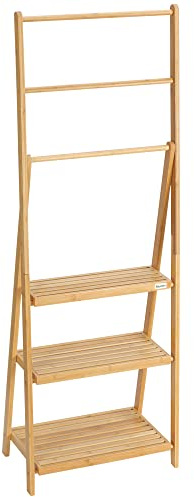 kleankin Bamboo Towel Rack with 3 Towel Rails and 3 Slatted Shelves, Foldable Towel Holder for Bathroom