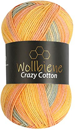 Wollbiene Crazy Cotton Batik 100 Gramm mit Farbverlauf 55% Baumwolle mehrfarbig Multicolor Strickwolle Häkelwolle Wolle Ganzjahreswolle (5030 grau orange gelb)