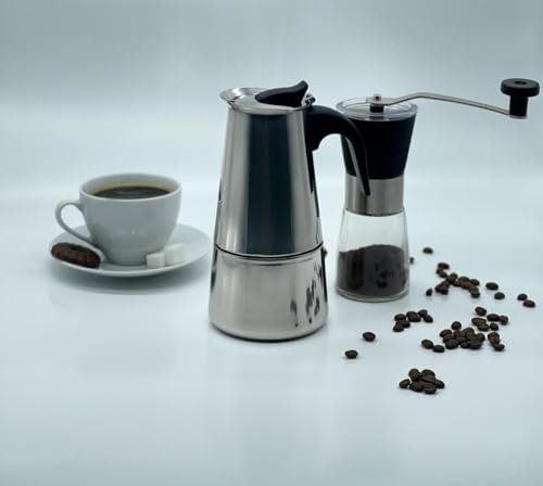 Generisch Juego de cafetera expreso/moka de acero inoxidable con molinillo de café, apta para inducción para 4-6 tazas de café expreso