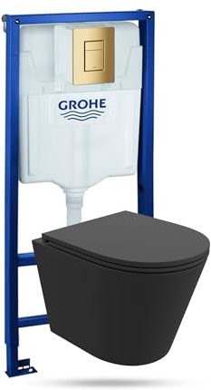 Lavita Vorwandelement Solido + Wand Hänge WC Galve Schwarz Spülrandlos + WC Sitz mit Absenkautomatik Goldener Knopf Komplettset Unterputz Spülkasten Toilette Komplett Sett WC