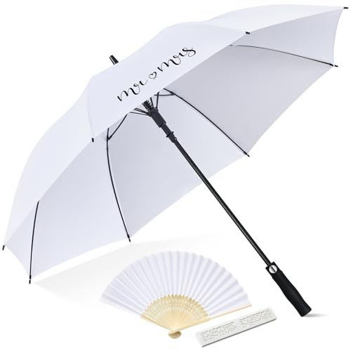 Hestya White Wedding Umbrella with Mr & Mrs Printed Fans - Hand Folding Fan with Gift Box - 120 cm Handheld Sun Umbrella for Vintage Bridal Party Decor & Photo Prop