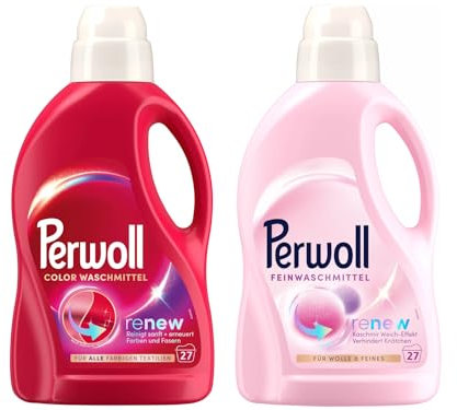PERWOLL Flüssig-Set 2x 27 Waschladungen (54WL) 1x Color & 1x Für Wolle & Feines, Feinwaschmittel erneuert Farben und Fasern & Feinwaschmittel glättet und verhindert Knötchen