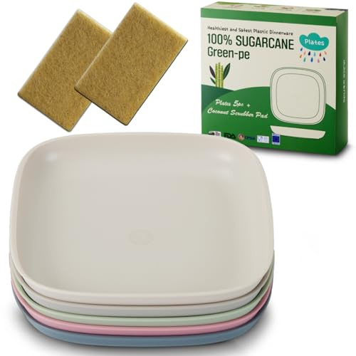 SUGARCANE - Paquete de 5 platos para niños (7.9 pulgadas) + almohadilla de coco, 2 unidades, platos orgánicos para niños pequeños a niños grandes, certificado USDA, aptos para microondas y