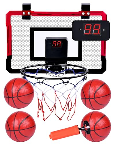 Basketball Hoop Indoor Mini for Door with Automatic Scoring and 4 Basketballs for Kids and Adults, Toddler Basketball Hoop Toy Gift for Boys Girls Age 6 7 8 9 10 11 12 13 Years