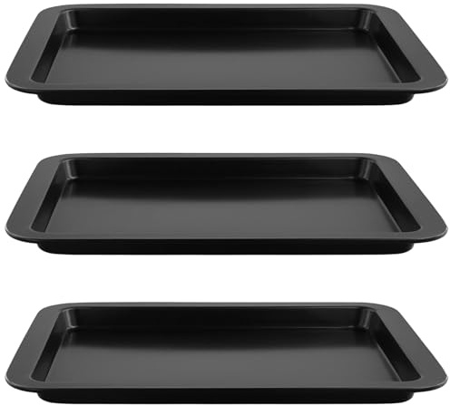 TAICHEUT Confezione da 3 teglie da forno in acciaio al carbonio, 33 x 23 x 2 cm, colore nero, antiaderenti, rettangolari, per cuocere barbecue, carne, verdure, pane, torte