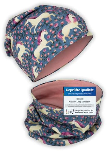 HECKBO Pferd Beanie & Schlauchschal Set - Jersey Wendbar - 95% Baumwolle - Mädchen Jungen Kinder Accessoire