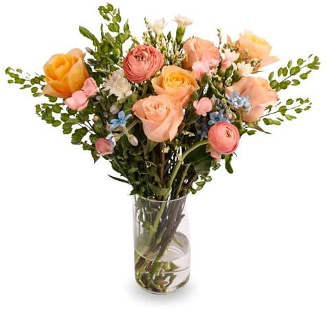 Epicflowers Sky Dream Bouquet – Fresh Flower Bouquet with Peach Roses & Premium Blooms – Glass Vase Included, Gift Flowers for Birthday, Anniversary, Sympathy & More