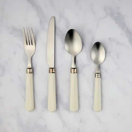 New Durable and Modern Stainless Steel Cream 16 Piece Cutlery Set with Knives,Forks,Desert Spoons and Teaspoons Great for Modern Tableware Home Dining Essentials - M24