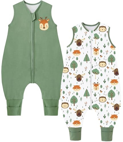 Chilsuessy Baby sommarsovsäck med fötter 0,5 tog små barn sovsäck med ben 100 % bomull sovsparkdräkt för pojkar och flickor, Grön + skogsdjur, 100cm/Baby Höhe 110-120cm