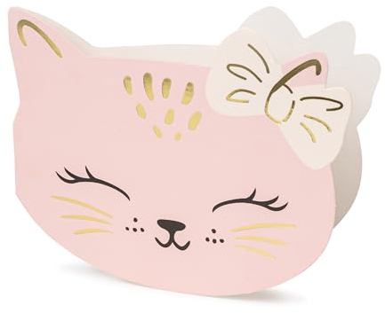 HIKIhooray Lot de 6 cartes d'invitation pour anniversaire d'enfant - Motif chat - Avec enveloppes - En forme de chat rose - Environ 13 x 10 cm - Pour fête à thème chatons et animaux - Pour filles
