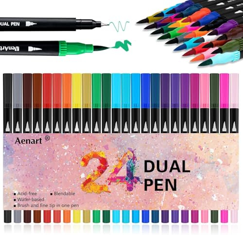 Hmeuest Dual Tip Brush Pens, 24 Colouring Pens with Felt Tip & Brush Tip, for Colouring Books Drawing Calligraphy Sketching for Adult Artists Beginners