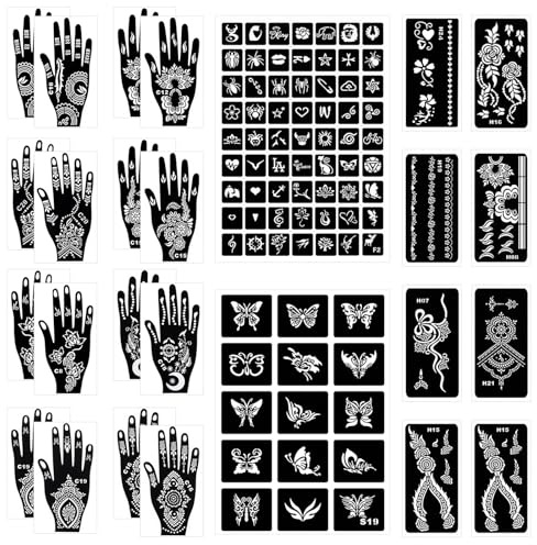 FrostyFlair Henna Tattoo Stencil, 18 Fogli Set Glitter Tattoo Bambini & Adulti Stencil per le Mani, Stencil Henna, Set Trucco per Bambini
