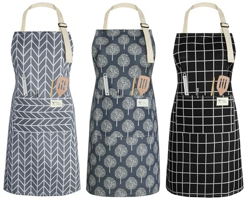 Vicloon Delantal de Cocina Ajustable, 3pcs Delantal de Cocina Unisex Adulto Impermeable con Bolsillos,Delantal Antiincrustante de Mujeres, Hombre y Pareja para cocinar