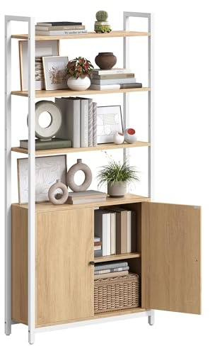 VASAGLE Librería de 6 Niveles, Estantería Vertical con Puerta, Marco de Metal, Estantes Ajustables, 24 x 60 x 159,5 cm, para Salón, Dormitorio, Roble Dorado y Blanco Mate LLS133YA01