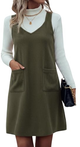 IDEALSANXUN Corduroy Dresses for Women 2025 Fall Fashion Must Haves Winter Clothing Cute Mini Overall Dress Corduroy Skirt, Cord Army, XL