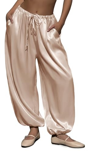 Fisoew Womens Satin Harem Pants Casual Baggy Barrel Leg Elastic Waist Drawstring Loose Workout Track Pants with Pockets Khaki