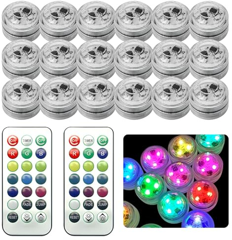 CLIUNT 20 Piezas LED Iluminación Estanque, Mini Luces de Té, LED Sumergibles, Luces para Piscina RGB Luz Piscinas Impermeable IP68, con Mando a Distancia, para Piscina Jardín Acuario