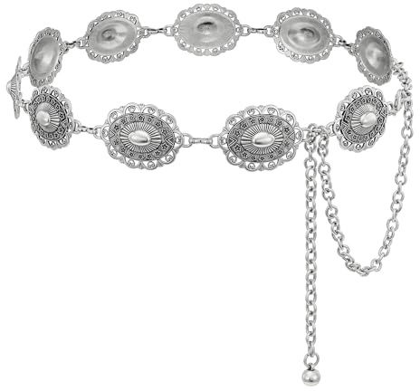 LEACOOLKEY Cintura Gioiello Donna Occidentale in Metallo Concho per Donne Cowgirl, a Catena in Vita Boho per Abiti Jeans Pantaloni Argento