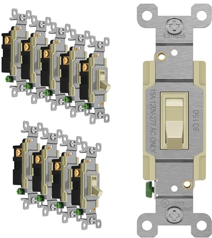 ENERLITES Toggle Light Switch, 3-Way or Single Pole, 15A 120-277V, Grounding Screw, Residential Grade, UL Listed, 83150-I-10PCS, Iovry (10 Pack), Ivory, 10 Count