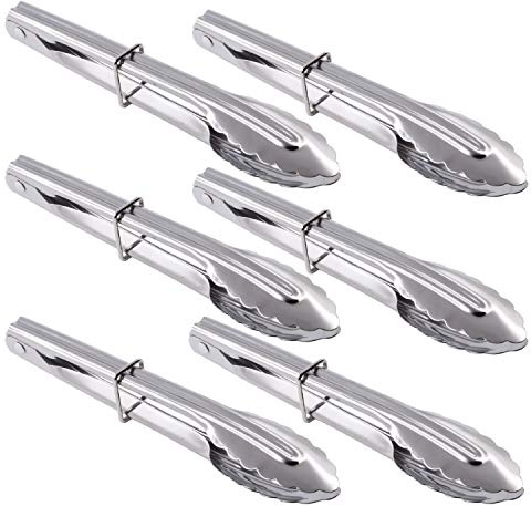 HINMAY Mini Stainless Steel Food Tongs with Silding Rings 7-Inch - Set of 6 - Small Clam Shell Service Tongs for Serving Appetizers, Desserts, Salads, Barbecue and Cooking (Silver)