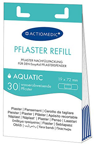 ACTIOMEDIC I AQUATIC plåster påfyllningsförpackning, 30 stycken, Kompatibel med EasyAid Plåsterautomat, Allergivänliga och vattenavvisande, Fingerplåster för barn och vuxna