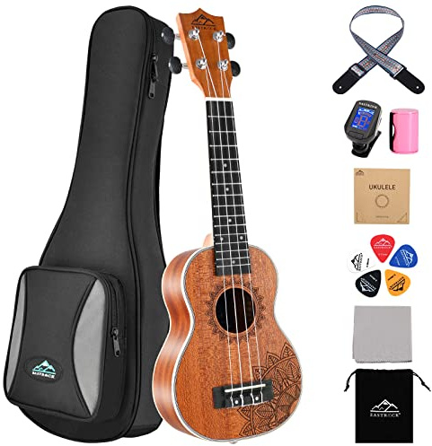 EASTROCK Ukulele soprano per principianti Kit per ukulele in legno sapele da 21 pollici con borsa addensata, accordatore, cinturino, corda di carbonio, set di panno per la pulizia