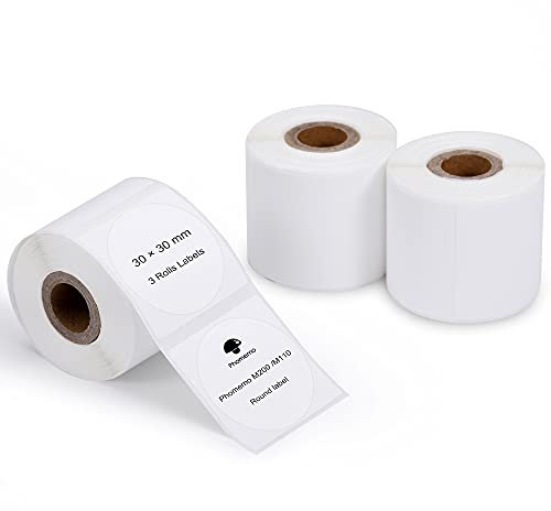 3 Rolle Phomemo M110 Rundes Etikett,selbstklebendes Thermoetikett,für Phomemo M200 M110 M120 M220, 30x30 mm (1,18 ”x 1,18”) Namensschild,Produktetikett，200 Etiketten/Rolle,(3 Rolle rundes Etikett)