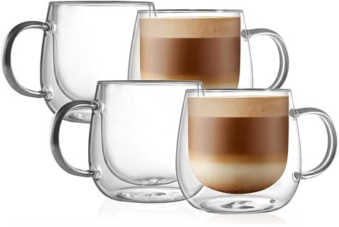 CNGLASS Doppelwandige Kaffeegläser 290ml/10oz, Isolierte Kaffeetassen Glas 4er Set,Thermogläser mit Henkel für Cappuccino, Milch, Tee