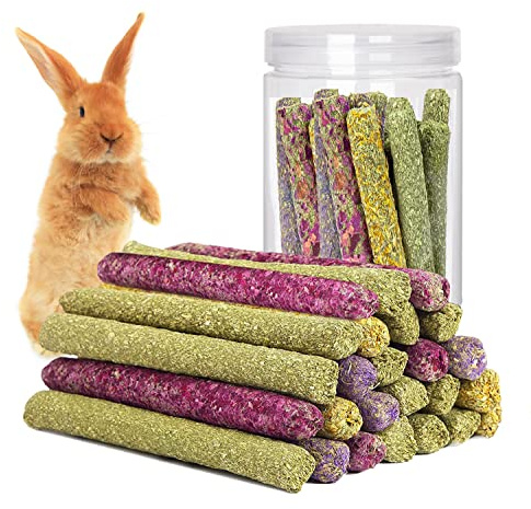 SUPERFA 40 Pcs Timothy Hay Sticks, Rabbit Treats, Mix Flavors of Rabbit Chew Toys, Suitable for Small Animals to Chew, A Toy for Rabbits, Hamsters, Gerbils, and Guinea Pigs.