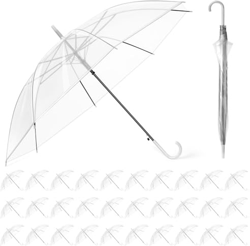 Hestya 30 Pack 37.4 Inch Clear Umbrella Wedding Transparent Dome See Through Umbrella Windproof White Handle Semi-automatic for Ladies Mens Bride Bridesmaid Groom Party