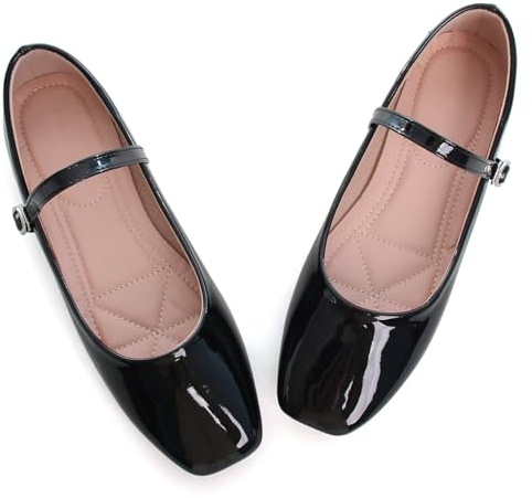LUXINYU Women's Patent Leather Mary Jane Flats Classic Square Toe Ballet Flat Shoes with Buckle Strap Comfortable Work Flats,Black 7